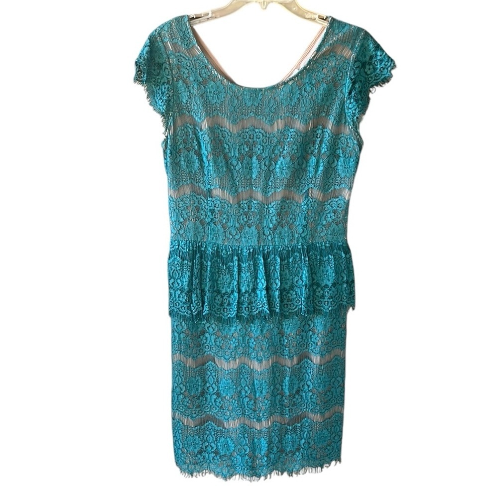 Maeve Sz M Teal Lace over Tan Peplum Dress